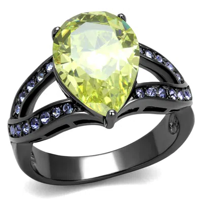 Fashnzfab Ip Light Black Stainless Steel Ring With Aaa Grade Cz In Apple Green Color In Multi