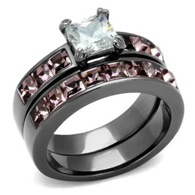 Fashnzfab Ip Light Black Stainless Steel Ring With Aaa Grade Cz In Clear