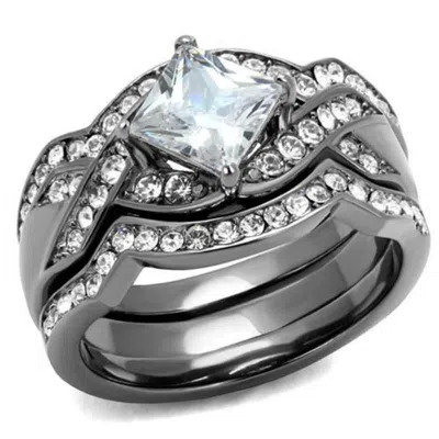 Fashnzfab Ip Light Black Stainless Steel Ring With Aaa Grade Cz In Clear In Metallic