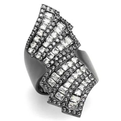 Fashnzfab Ip Light Black Stainless Steel Ring With Aaa Grade Cz In Clear In Metallic