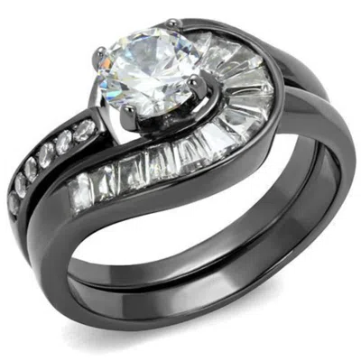 Fashnzfab Ip Light Black Stainless Steel Ring With Aaa Grade Cz In Clear In Multi