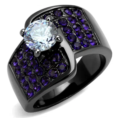 Fashnzfab Ip Light Black Stainless Steel Ring With Aaa Grade Cz In Light Amethyst In Blue