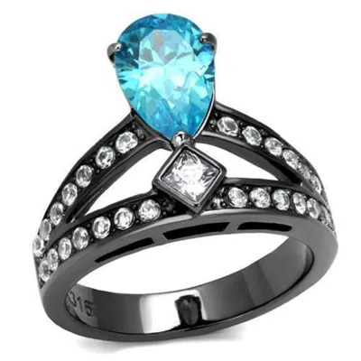 Fashnzfab Ip Light Black Stainless Steel Ring With Aaa Grade Cz In Sea Blue In Gray