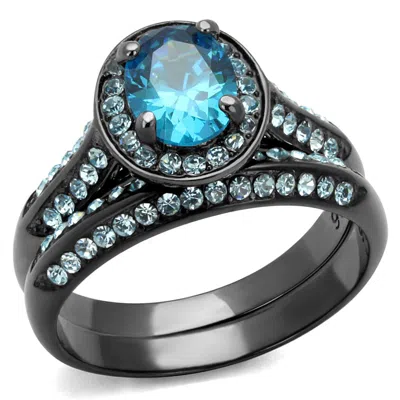 Fashnzfab Ip Light Black Stainless Steel Ring With Aaa Grade Cz In Sea Blue In Pink