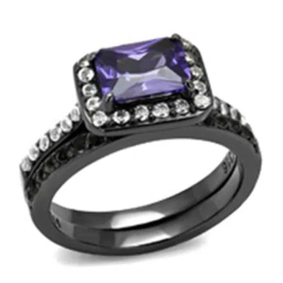 Fashnzfab Ip Light Black Stainless Steel Ring With Aaa Grade Cz In Tanzanite