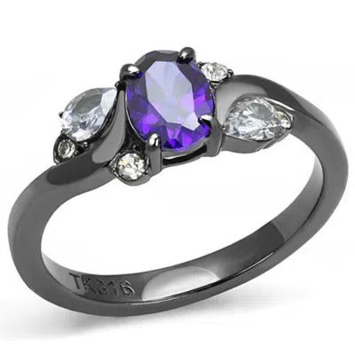 Fashnzfab Ip Light Black Stainless Steel Ring With Aaa Grade Cz In Tanzanite In Multi