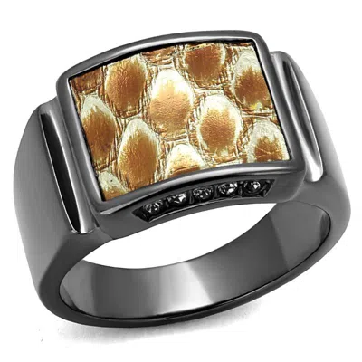 Fashnzfab Ip Light Black Stainless Steel Ring With Leather In Brown In Gold