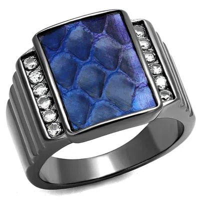 Fashnzfab Ip Light Black Stainless Steel Ring With Leather In Montana In Blue