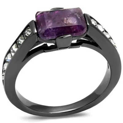 Fashnzfab Ip Light Black Stainless Steel Ring With Precious Stone Amethyst Crystal In Amethyst In Multi