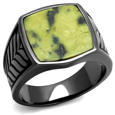 Fashnzfab Ip Light Black Stainless Steel Ring With Semi-precious Topaz Jade In Topaz In Multi