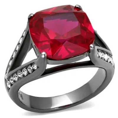 Fashnzfab Ip Light Black Stainless Steel Ring With Synthetic Corundum In Ruby In Green