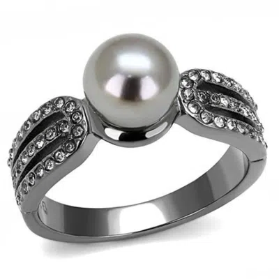 Fashnzfab Ip Light Black Stainless Steel Ring With Synthetic Pearl In Gray In Multi
