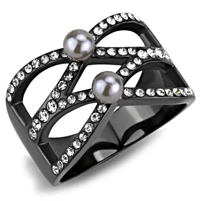 Fashnzfab Ip Light Black Stainless Steel Ring With Synthetic Pearl In Gray In Neutral