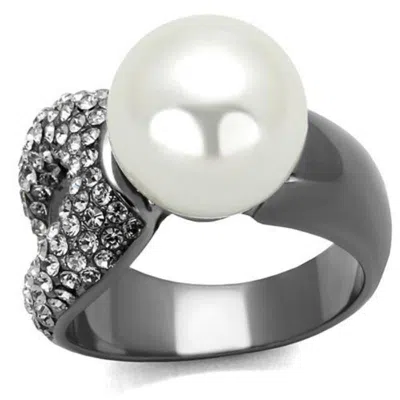 Fashnzfab Ip Light Black Stainless Steel Ring With Synthetic Pearl In White In Metallic