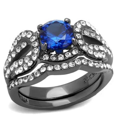 Fashnzfab Ip Light Black Stainless Steel Ring With Synthetic Spinel In London Blue In Metallic