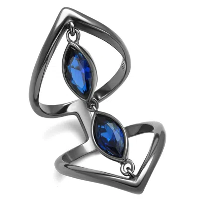 Fashnzfab Ip Light Black Stainless Steel Ring With Synthetic Spinel In London Blue In Multi