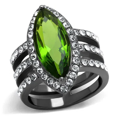 Fashnzfab Ip Light Black Stainless Steel Ring With Synthetic Synthetic Glass In Peridot In Multi