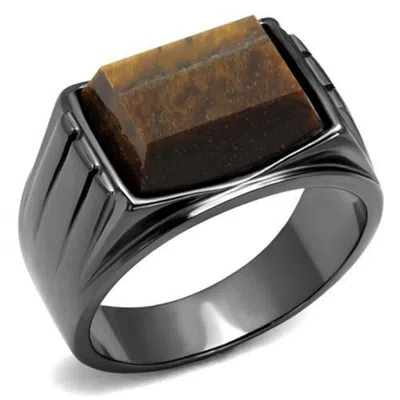Fashnzfab Ip Light Black Stainless Steel Ring With Synthetic Tiger Eye In Topaz In Multi