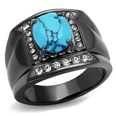 Fashnzfab Ip Light Black Stainless Steel Ring With Synthetic Turquoise In Sea Blue