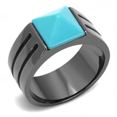Fashnzfab Ip Light Black Stainless Steel Ring With Synthetic Turquoise In Sea Blue In Multi