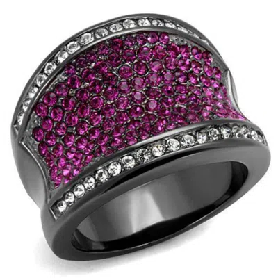 Fashnzfab Ip Light Black Stainless Steel Ring With Top Grade Crystal In Amethyst In Multi