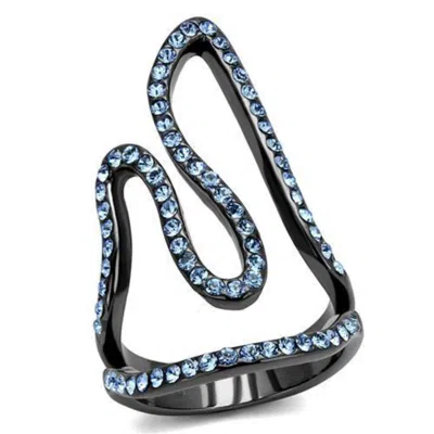 Fashnzfab Ip Light Black Stainless Steel Ring With Top Grade Crystal In Aquamarine