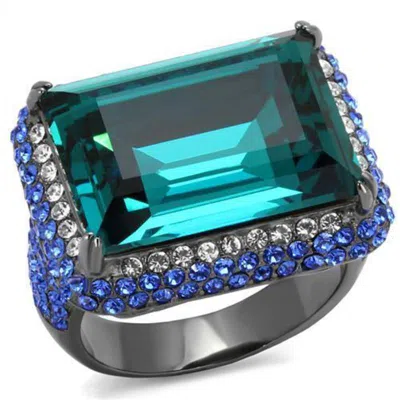 Fashnzfab Ip Light Black Stainless Steel Ring With Top Grade Crystal In Blue Zircon In Green