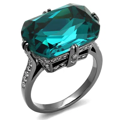 Fashnzfab Ip Light Black Stainless Steel Ring With Top Grade Crystal In Blue Zircon In Multi