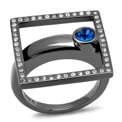 Fashnzfab Ip Light Black Stainless Steel Ring With Top Grade Crystal In Capri Blue