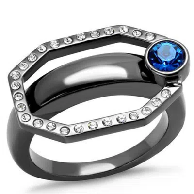 Fashnzfab Ip Light Black Stainless Steel Ring With Top Grade Crystal In Capri Blue In Metallic