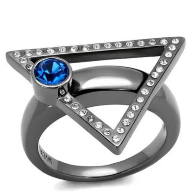 Fashnzfab Ip Light Black Stainless Steel Ring With Top Grade Crystal In Capri Blue In Metallic