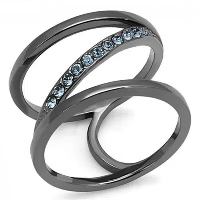 Fashnzfab Ip Light Black Stainless Steel Ring With Top Grade Crystal In Capri Blue In Multi