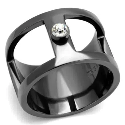 Fashnzfab Ip Light Black Stainless Steel Ring With Top Grade Crystal In Clear