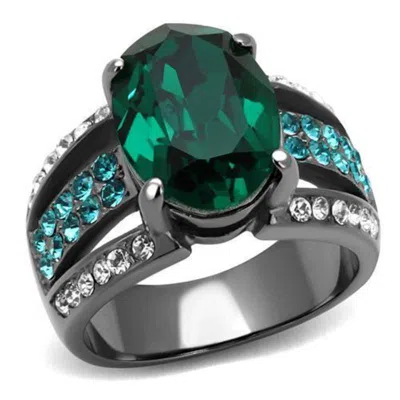 Fashnzfab Ip Light Black Stainless Steel Ring With Top Grade Crystal In Emerald In Multi