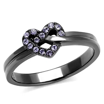 Fashnzfab Ip Light Black Stainless Steel Ring With Top Grade Crystal In Light Amethyst