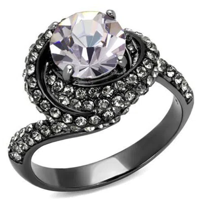 Fashnzfab Ip Light Black Stainless Steel Ring With Top Grade Crystal In Light Amethyst In Multi