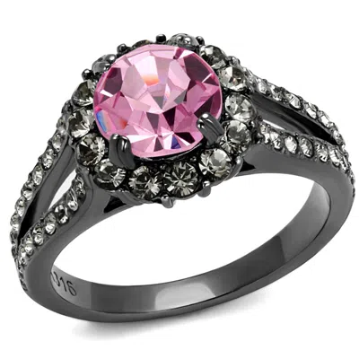 Fashnzfab Ip Light Black Stainless Steel Ring With Top Grade Crystal In Light Rose In Metallic