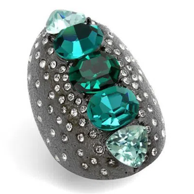 Fashnzfab Ip Light Black Stainless Steel Ring With Top Grade Crystal In Multi Color In Green