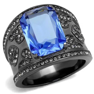 Fashnzfab Ip Light Black Stainless Steel Ring With Top Grade Crystal In Sapphire In Multi