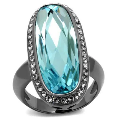 Fashnzfab Ip Light Black Stainless Steel Ring With Top Grade Crystal In Sea Blue In Multi