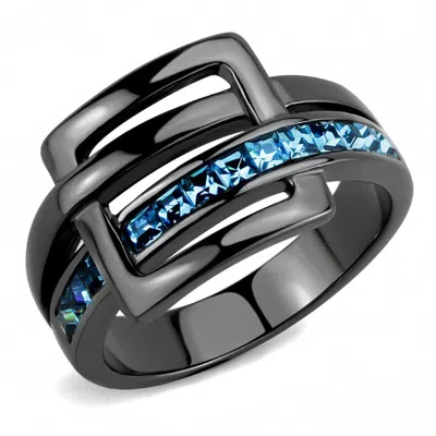 Fashnzfab Ip Light Black Stainless Steel Ring With Top Grade Crystal In Sea Blue In Multi