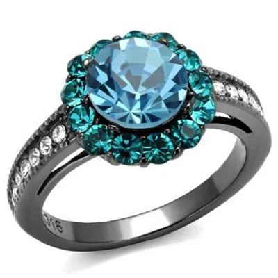 Fashnzfab Ip Light Black Stainless Steel Ring With Top Grade Crystal In Sea Blue