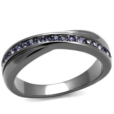 Fashnzfab Ip Light Black Stainless Steel Ring With Top Grade Crystal In Tanzanite In Metallic