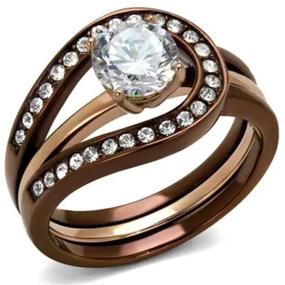 Fashnzfab Ip Rose Gold & Ip Light Coffee Stainless Steel Ring With Aaa Grade Cz In Clear