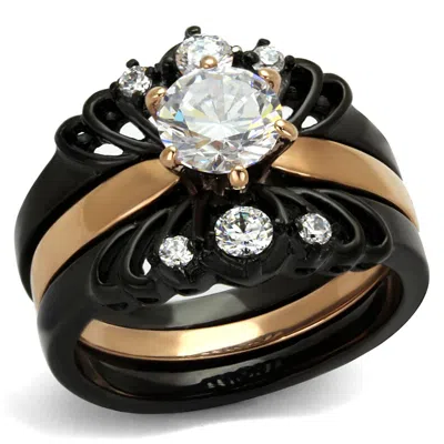 Fashnzfab Ip Rose Gold+ Ip Black (ion Plating) Stainless Steel Ring With Aaa Grade Cz In Clear