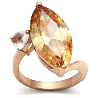 Fashnzfab Ip Rose Gold(ion Plating) Brass Ring With Aaa Grade Cz In Champagne
