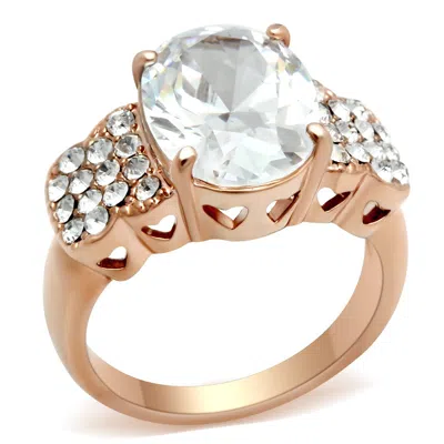 Fashnzfab Ip Rose Gold(ion Plating) Brass Ring With Aaa Grade Cz In Clear In Metallic