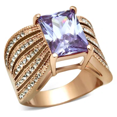 Fashnzfab Ip Rose Gold(ion Plating) Brass Ring With Aaa Grade Cz In Light Amethyst