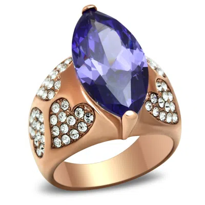 Fashnzfab Ip Rose Gold(ion Plating) Brass Ring With Aaa Grade Cz In Tanzanite