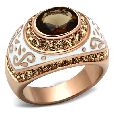 Fashnzfab Ip Rose Gold(ion Plating) Brass Ring With Synthetic Synthetic Glass In Brown